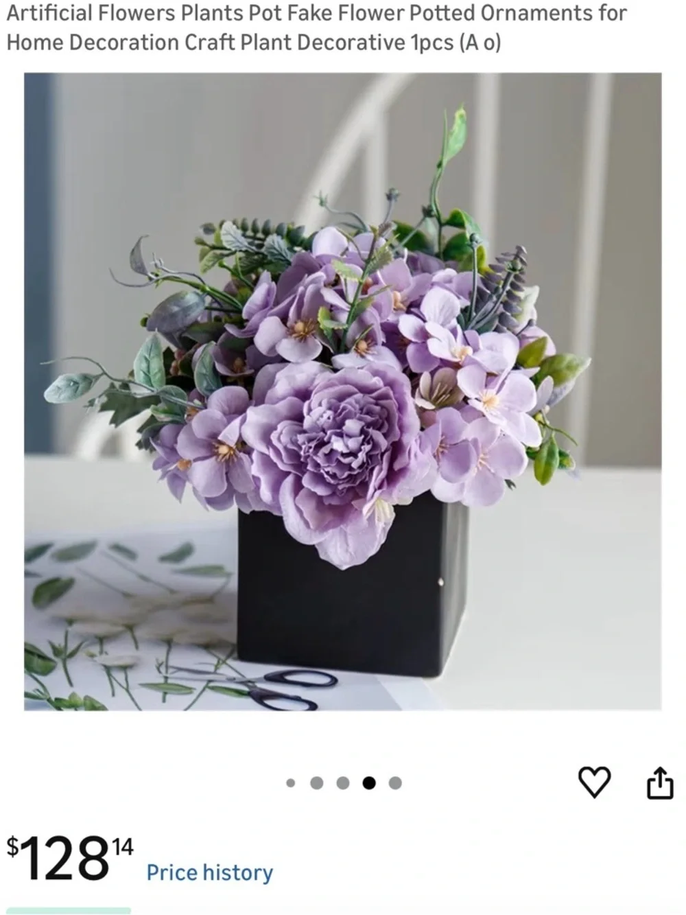 Artificial Lavender Peony Tabletop Arrangement in Black Vase
